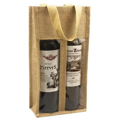 China Eco-Friendly Wine Bag Bottles Wine Carrier 2 Gifts Handles Gifts Burlap Tote Bag Travel Jute Bottle Bags With Window For Christmas for sale