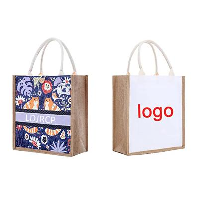 China Natural Handled Tote Bags Cotton Jute Shopping Weekend Beach Hessian Canvas Bag OEM Embroidery Decoration Gift Promotional Handbags for sale