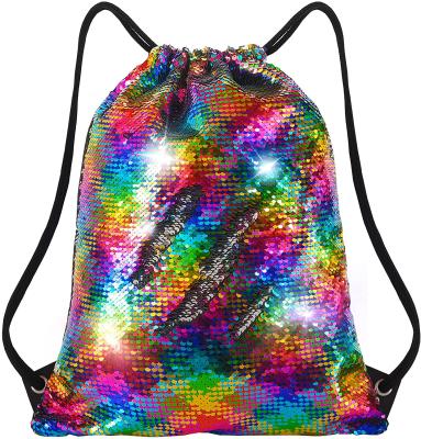 China Sequin Backpack Custom Colorful Rainbow Stylish Shiny Sport Gym Bags Travel Beach Flip Sequin Reversible Girls Sequined Kids Drawstring Backpack for sale