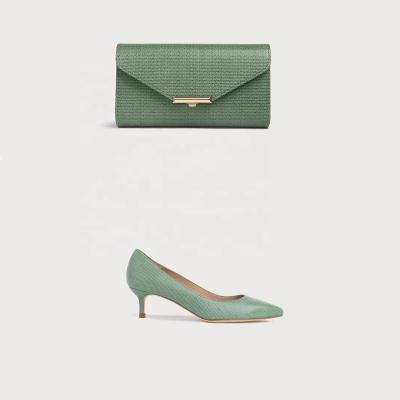 China Ankle Green Lizard Printing Course Kitten Heel Ladies Leather Shoes And Bags Assortment for sale