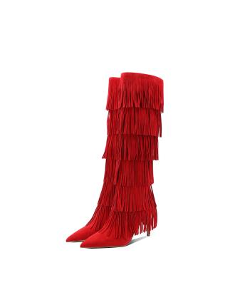 China Fashion round trend tassel design high heel women shoes high-grade suede point toe winter knee boots elegant winter knee boots for sale