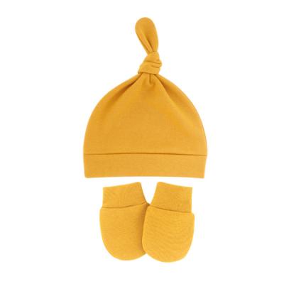 China Baby Stretch Beanie Hat Scratch Mittens Striped Soft Knot Cotton Tops for sale