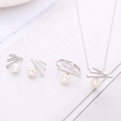 China Hot Selling Trendy Striped Custom Fashion Earrings Pearl Necklace Jewelry Set With Ring for sale