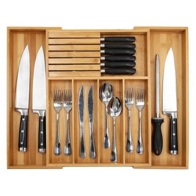 China Sustainable Bamboo Adjustable Cutlery Drawer Organizer Tray With Removable Knife Block for sale