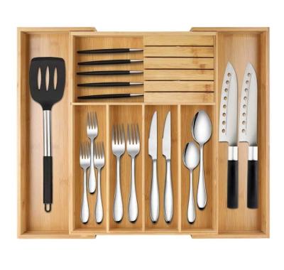 China Sustainable Bamboo Adjustable Cutlery Drawer Organizer Tray With Removable Knife Block for sale