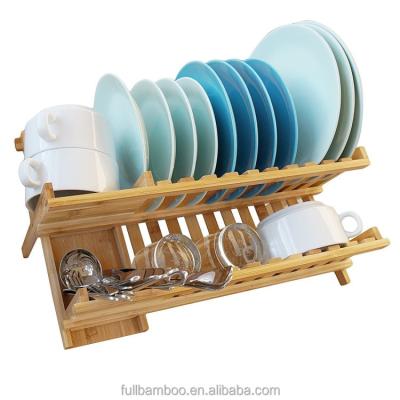 China Sustainable Bamboo Dish Rack Drying Countertop 2 Row Bamboo Folding Dish Rack Wooden Utensil Dryer for sale