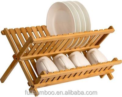 China Sustainable Bamboo Folding 2 Tier Folding Drying Rack Dish Drying Rack for sale