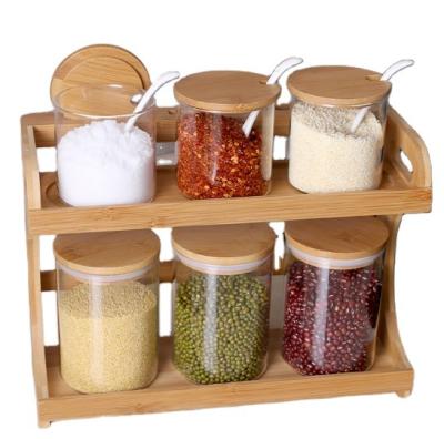 China 2 Layers Sustainable Bamboo Kitchen Storage Spice Jar Rack Organizer For Condiments for sale