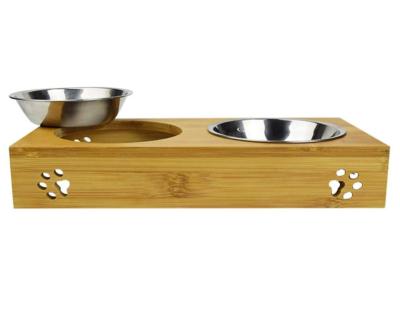 China Sustainable Pet Food Water Bowl Feeder With 2 Stainless And Ceramic Bowls With Bamboo Holder for sale