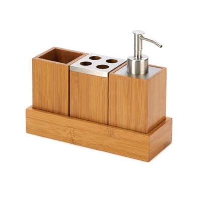 China Modern bamboo bathroom set, soap dispenser, toothbrush holder set for sale