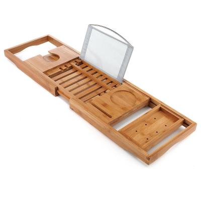 China Fit Cell Phone Tray Wine Glass Viable With Cup Holder Bamboo Extendable Bathtub Trolley for sale