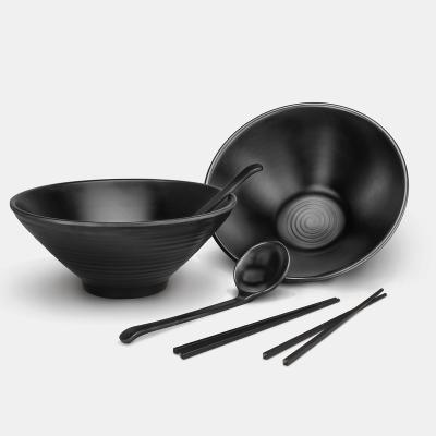 China Viable Wholesale Hot Selling Melamine Ramen Bowl Spiral Bowl Ramen Set Dinnerware Set Japanese Black Plastic Restaurant Dinnerware Set Set for sale