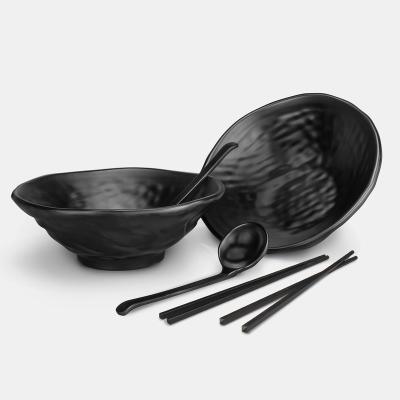 China Direct Sales Sustainable Unbreakable Ramen Bowl Set With Chopsticks And Spoon 2 Bowl Set Melamine Black Noodle Bowl Set For Restaurant for sale