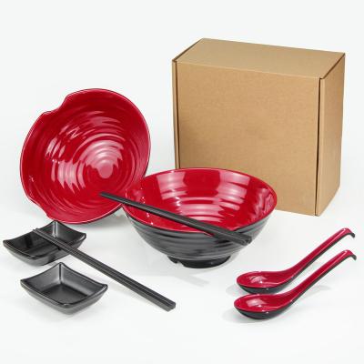 China Viable Large Japanese Ramen Bowl Japanese Noodle Soup Chinese Black Red Spot Goods Noodle With Spoons Chopsticks And Sauce Dish for sale