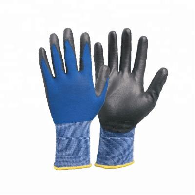 China Polyester 18 Gauge Blue Polyester Knitted Black PU Coated Gloves For Hand Work for sale