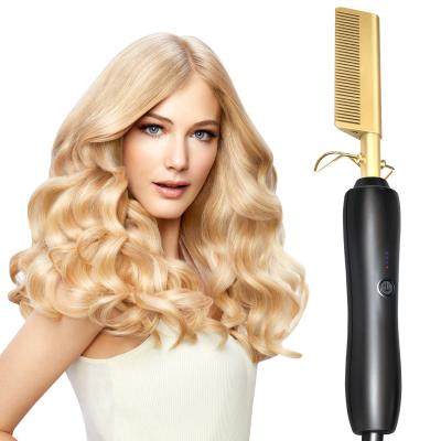 China Beauty Supplier Comfortable Gold 2 in 1 Professional Automatic Portable Ceramic Constant Straightening Comb Hair Curlers Hot Straightener for sale