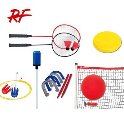 China Easy Play 6 In1 Set Volleyball Badminton Horseshoes Darts Flying Disc Bottle Strike for sale