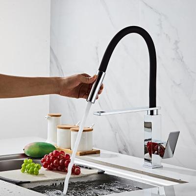 China Modern Pull-Down Faucet Cold And Hot Brass Telescopic Household Black Kitchen Sink Sink Rotating Faucet for sale