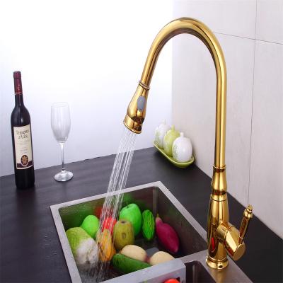 China Pull Out Luxury Gold Pull Out Spray Faucet Copper Material Hot And Cold Water Sink Faucet For Kitchen for sale