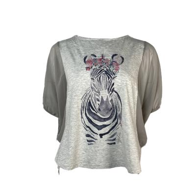 China Women Clothing Ladies Fashion Tops Casual Style Illustration Breathable Animal Print On Front Short Sleeve Slub Jersey Fabric Gray White for sale