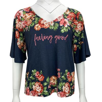 China Breathable Flower Digital Print Flower Casual Style Women's Ladies Clothing Ladies Tops Fashion Casual Style Short Sleeve Tank Top Navy for sale