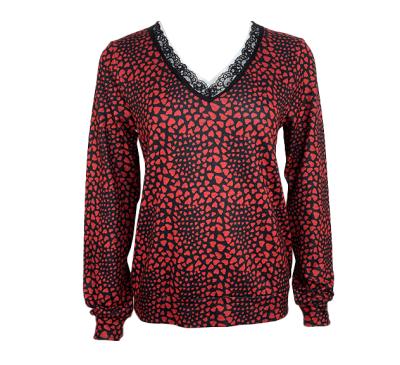 China Women Breathable Ladies Clothing Office Ladies Fashion Casual Style Lace Top V-Neckline Long Sleeve Gray Malange Black&Red Print Heard for sale