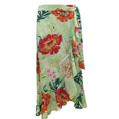 China 2021 Anti-Static Women Skirt Ladies Casual Clothing Fashion Midi Skirt Woven Fabric With Digital Printing Flower Ruffle Larger Skirt for sale