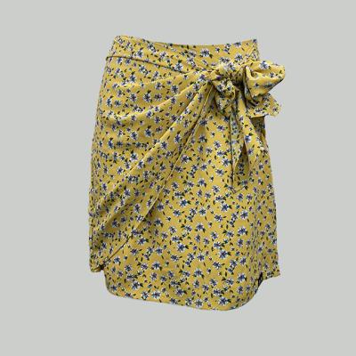 China Women Clothing Ladies Wear Breathable Office Shorts Borders Self Fabric Band Tie Big Bow Floral Digital Printing Yellow for sale