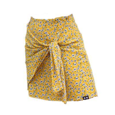 China Breathable Floral Digital Print Skirt Women Ladies Dress Yellow Office Shorts Skirts Self Cloth Stripe Tie Bow Large Skirt for sale