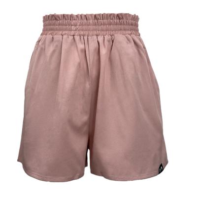 China Women Clothing Ladies Breathable Fashion Sport Shorts Elastic Waist With Ruffle Side Slope Pockets Polyester Twill Fabric D.Pink for sale