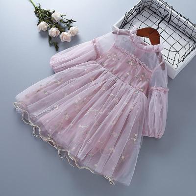 China Anti-wrinkle Spring and Autumn New Children's Dress Lace Up Tulle Embroidery Girl's Breath Sleeve Dress for sale