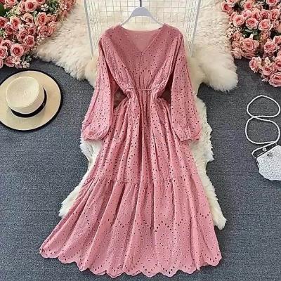 China 2023 Elegant Maxi Dress Casual Crochet Linen Embroidered Paisley Boho Luxury Lace Cavity Custom Made Breathable Women Long Vestidos for sale