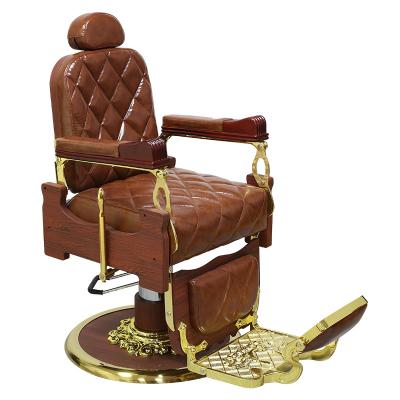 China Brown Traditional Hot Sale Retro Gold Shelf Retro Barber Chair Made Custom Color Leather Inverted Salon Chairs For Barber Shop for sale