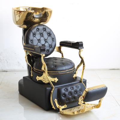 China Traditional hot sale hair salon furniture beauty salon black gold shampoo bed with ceramic bowl sink for spa for sale