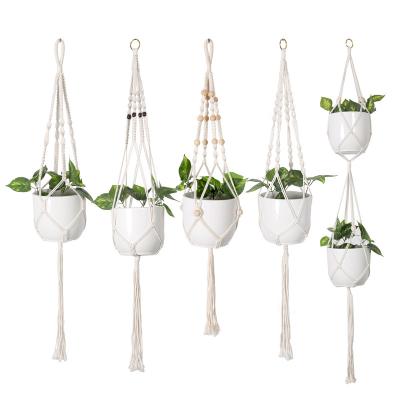 China Handmade Plant Hanger Macrame Planter Indoor Hanging Basket with Wood Beads Decorative Flower Pot Holder No Tassels for Indoor Outdoor for sale