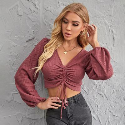 China Wholesale Custom QUICK DRY 2021 Girls Sexy V-Neck Long Sleeve Drawstring Crop Top for sale