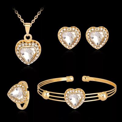 China Cute Fashion Dubai Gold Jewelry Sets Crystal Heart Necklace Bangle Ring Earrings Set African Nigeria Jewelry Wedding Gift For Women for sale