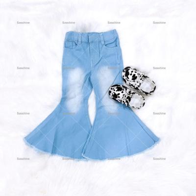 China Newest Viable Children Bell Bottom Girls Bell Bottom Jeans Western Light Blue Washed Toddler Baby Infant Faded Denim Flare Pants for sale