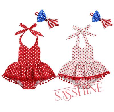 China 4th July Summer Romper Infant Baby Girls Breathable Star Printing Jumpsuit Skirt Clothes And Bow Outfits for sale