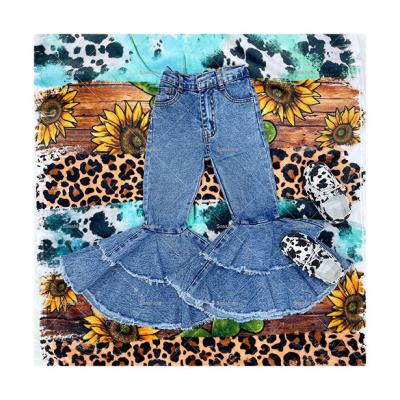 China Hot Selling Girls Breathable Washed Denim Double Bell Bottom Kids Denim Rocket Bell Bottom Acid Washed Jeans For Toddler Baby for sale