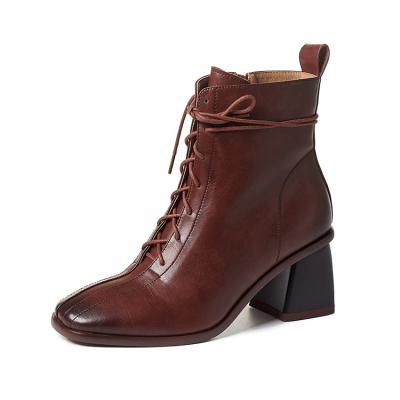 China Anti-odor round toe lace up low ankle boots 2020 high quality wine red heel short boots for ladies for sale