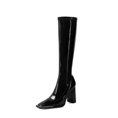 China Hot Selling Anti-odor Ladies Knee High Block Heel Square Toe Knee High Boots Leather Boots Heels Anti-smell High for sale