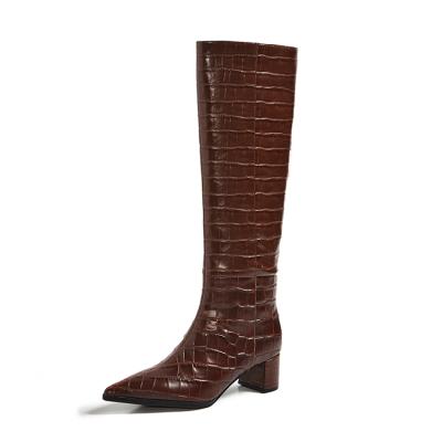 China Anti-Slip Slip On Chunky High Heel Knee Toe Winter Long Boots Women's Brown Genuine Leather Boots for sale