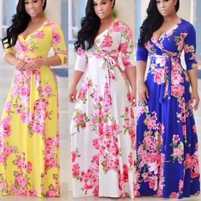 China New Amazon 2022 Viable Stats Hot Sale Plus Size Floral Print Skirt Maxi Split Dress For Women Long Sleeve for sale