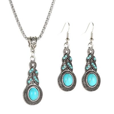 China High Quality Jewelry Set New Designed Fashion Water Drop Shaped Turquoise Bohemian Silver National Alloy Style Necklace And Earrings Set for sale