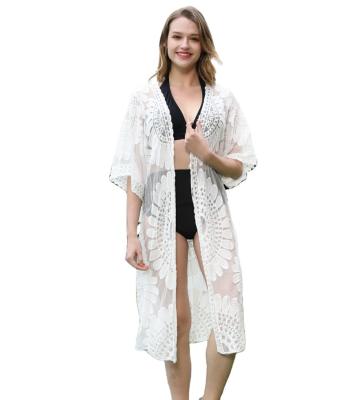 China Plus Size Womens Kimono Long Beach Black Sunflower Crochet Scallop Floral Lace Bikini Swim Cover Up Beach Cover Ups Kaftan Plus Size for sale