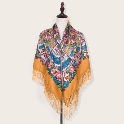 China Oversized Fringed Square Shawl 135X135cm Air Conditioning Scarf Retro Print Autumn Winter Twill Cotton Ladies Comfortable Ethnic Style Scarf for sale