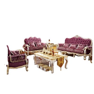 China Stylish Durable Comfortable Royal Purple Wooden Sofa Fabric Luxurious Classic Classic Style Sofa Set for sale