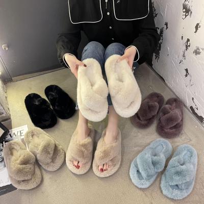 China 2022 Anti-odor Woolen New Use Word Net Red Slippers Women Fashion Slippers Non-slip Open Bottom Thick Toe Cross Belt Non-slip for sale