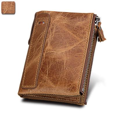 China Men's Business Waterproof Short Style Horse RFID Ticket Wallet Double Zipper Leather Men's Wallet Crazy Brush Leather Anti-theft for sale